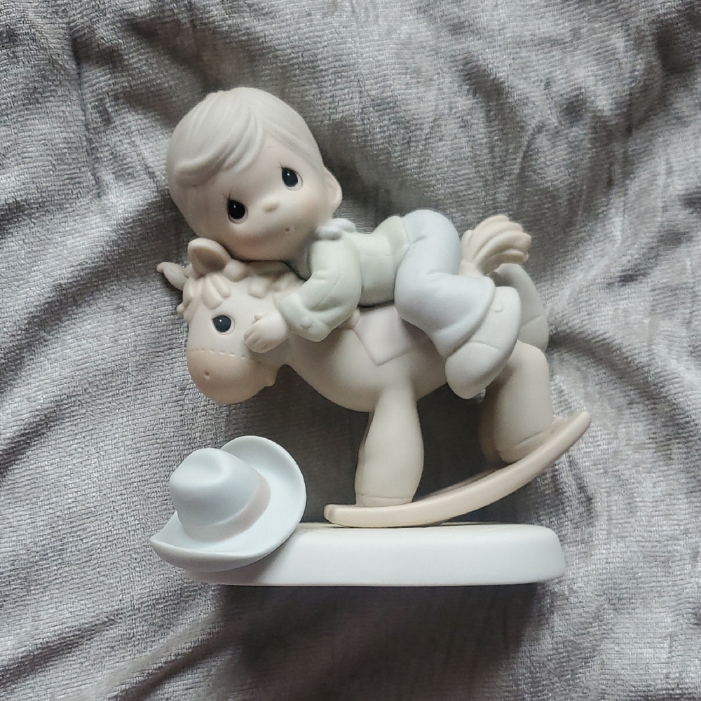 Take Heed When You Stand- Precious Moments Cream and Tan Doll with Rocking Horse